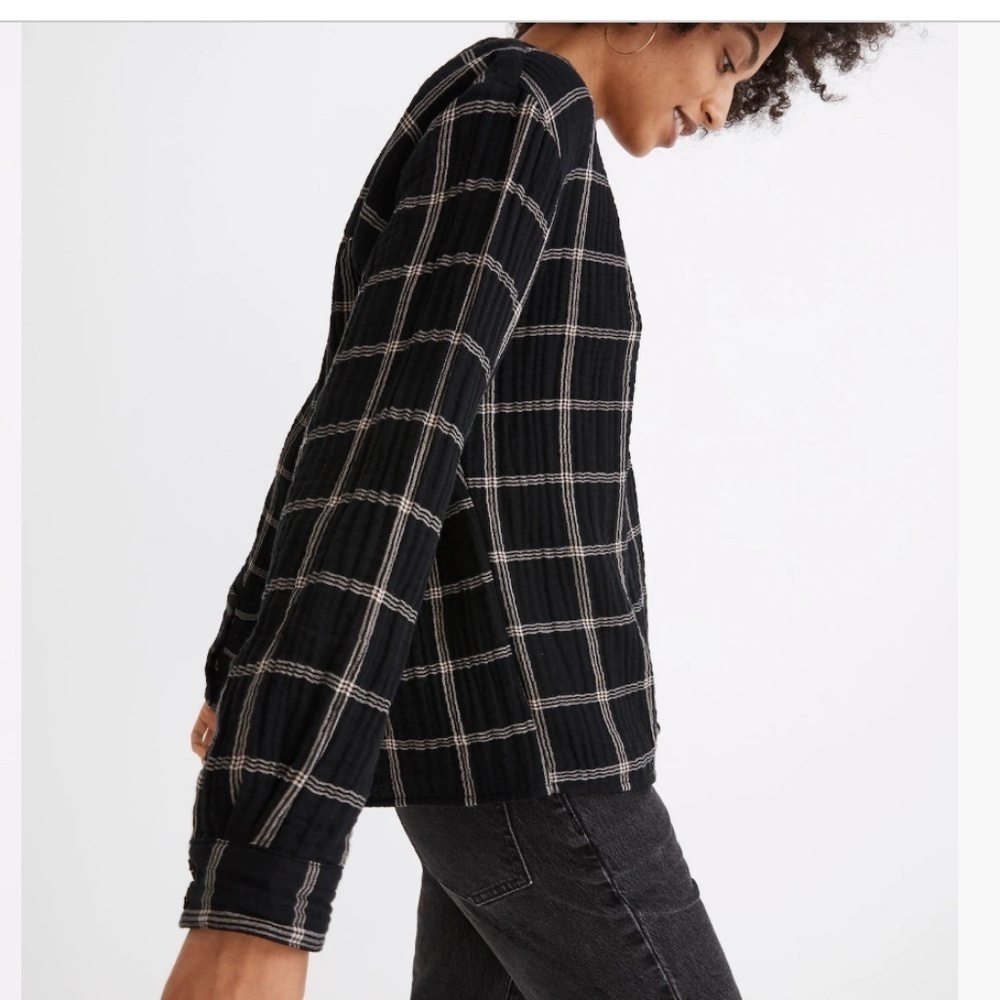 Madewell Lightspun Evert Pullover Top in Windowpane Plaid True Black Size Small - Picture 3 of 9